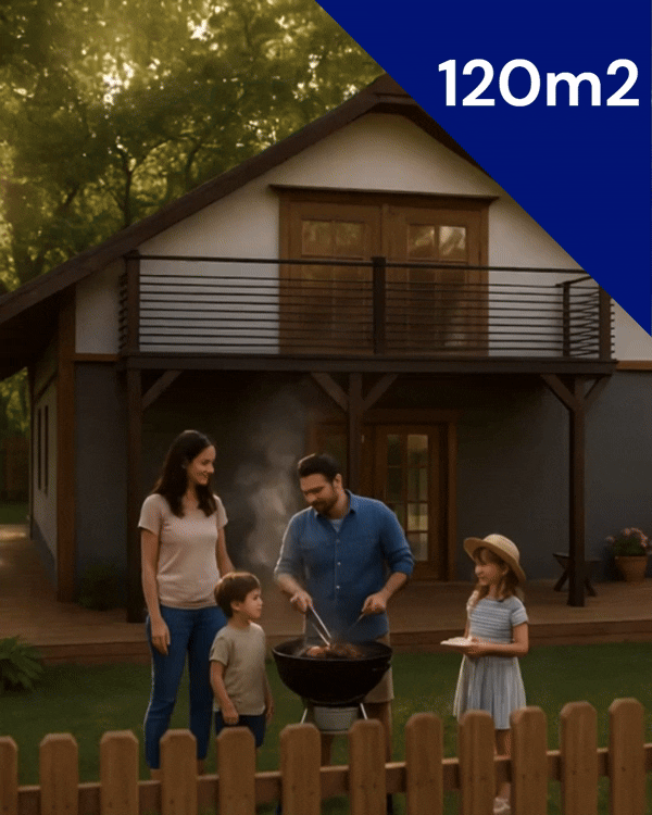 Ten dom o powierzchni 120 m² oferuje dwie komfortowe sypialnie i dwie łazienki, co zapewnia wygodę i prywatność. Sercem domu jest duża kuchnia otwarta na salon, tworząca jasną i przestronną strefę dzienną, idealną do wspólnego spędzania czasu.