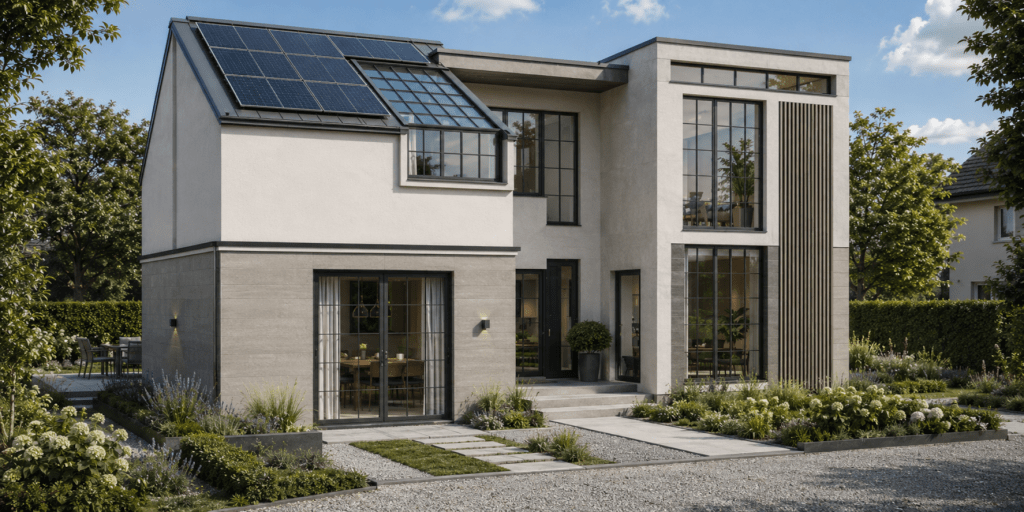 Photorealistische Visualisierung einer modernen deutschen Villa mit Photovoltaikanlage, großen Fensterflächen, heller Putzfassade und minimalistischer Gartengestaltung bei Tageslicht.